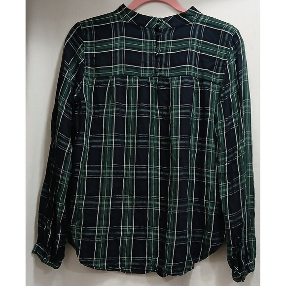 Loft Plaid Mock Neck Top Women’s S Green Blue Long Sleeve Grunge Preppy EUC - Picture 4 of 7